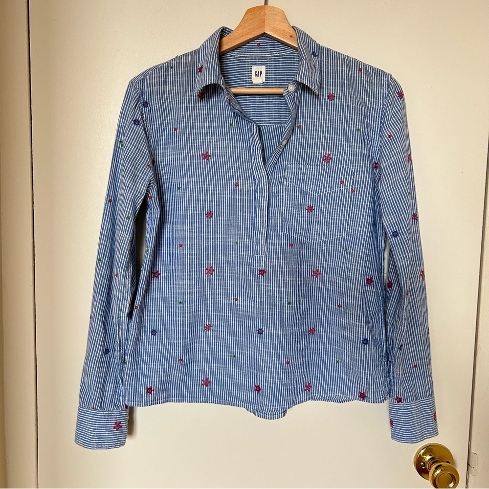 Gap Embroidered Flowers Long Sleeve Button Down Shirt, Blue/White